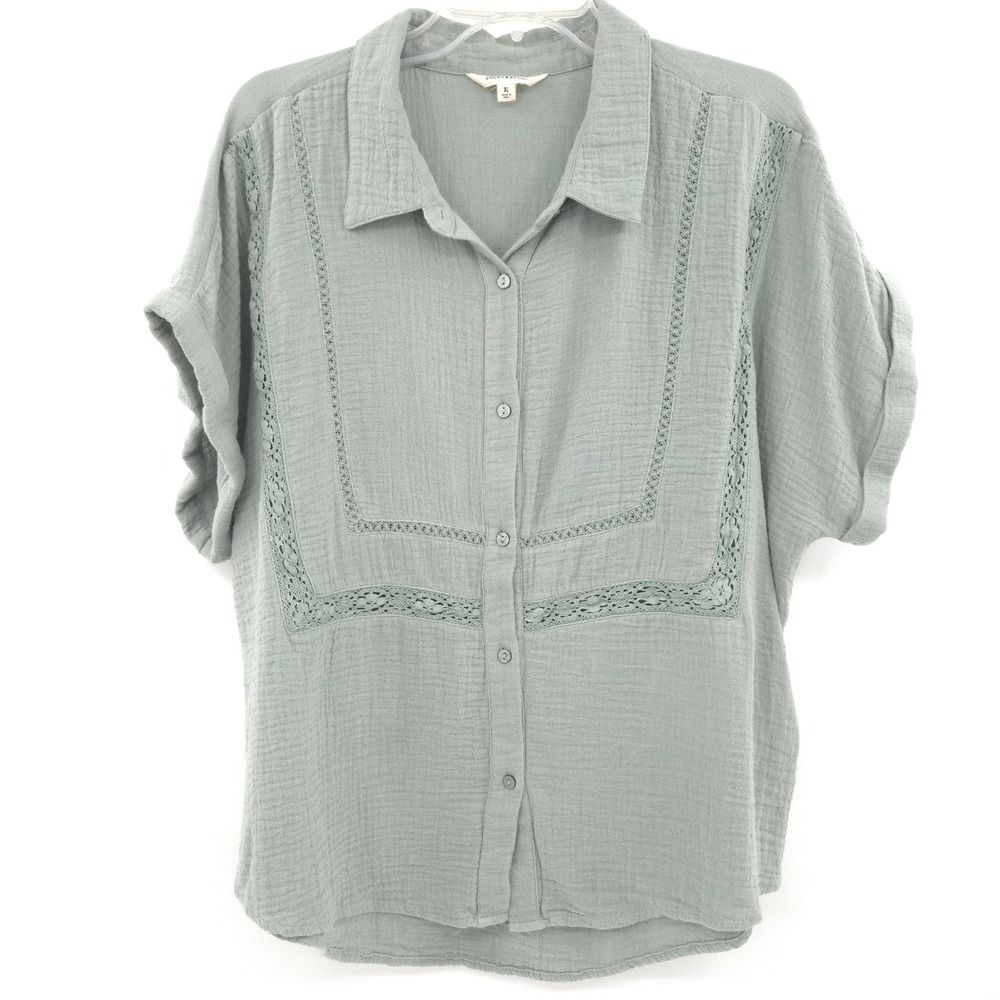 Lucky Brand Gauze Button Down Top Women XL Sage Green Crochet Lace Blouse